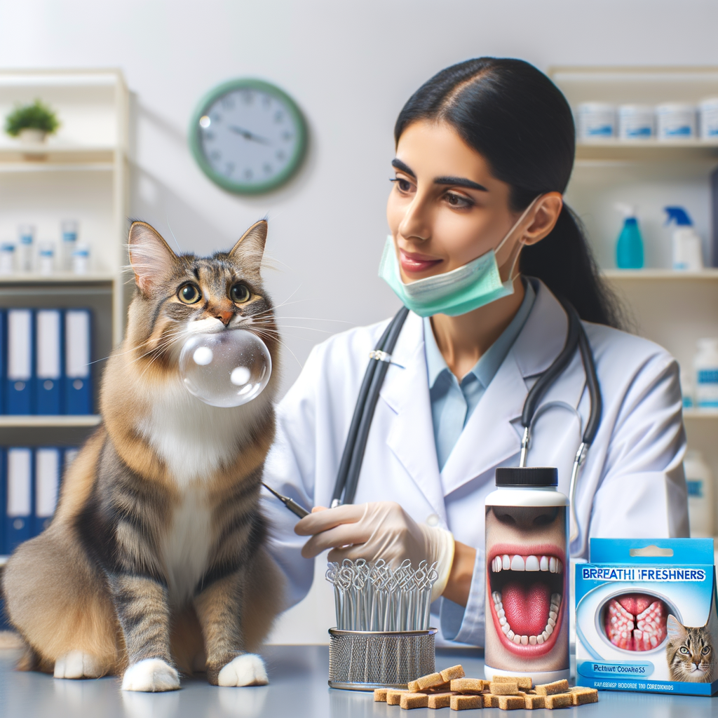 Veterinarian demonstrating the use of cat dental treats for bad breath in cats, highlighting the importance of feline halitosis prevention and dental hygiene with a variety of best cat oral care products.