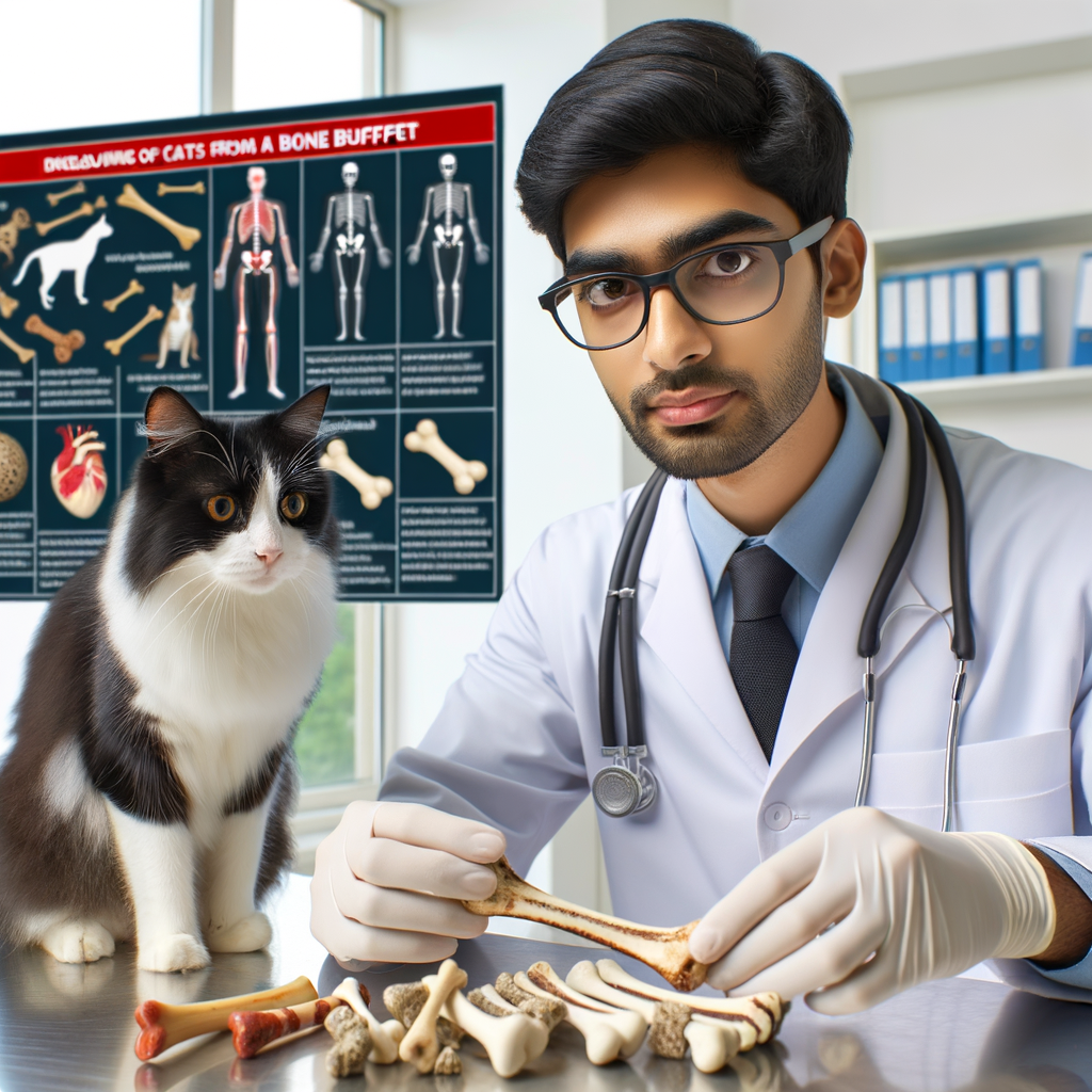 Veterinarian demonstrating safe bones for cats at a bone buffet with a curious cat and a chart explaining the risks and effects of cats chewing on bones for cat bone safety and diet