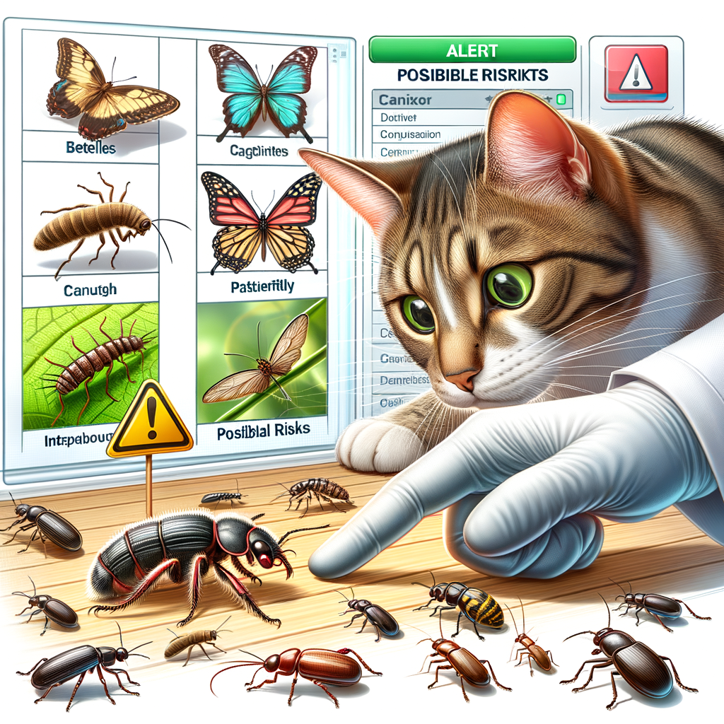 Curious cat interacting and feasting on insects, highlighting the safety and potential dangers of cats eating bugs for their health, emphasizing the unique relationship between cats and creepy crawlers in their diet.