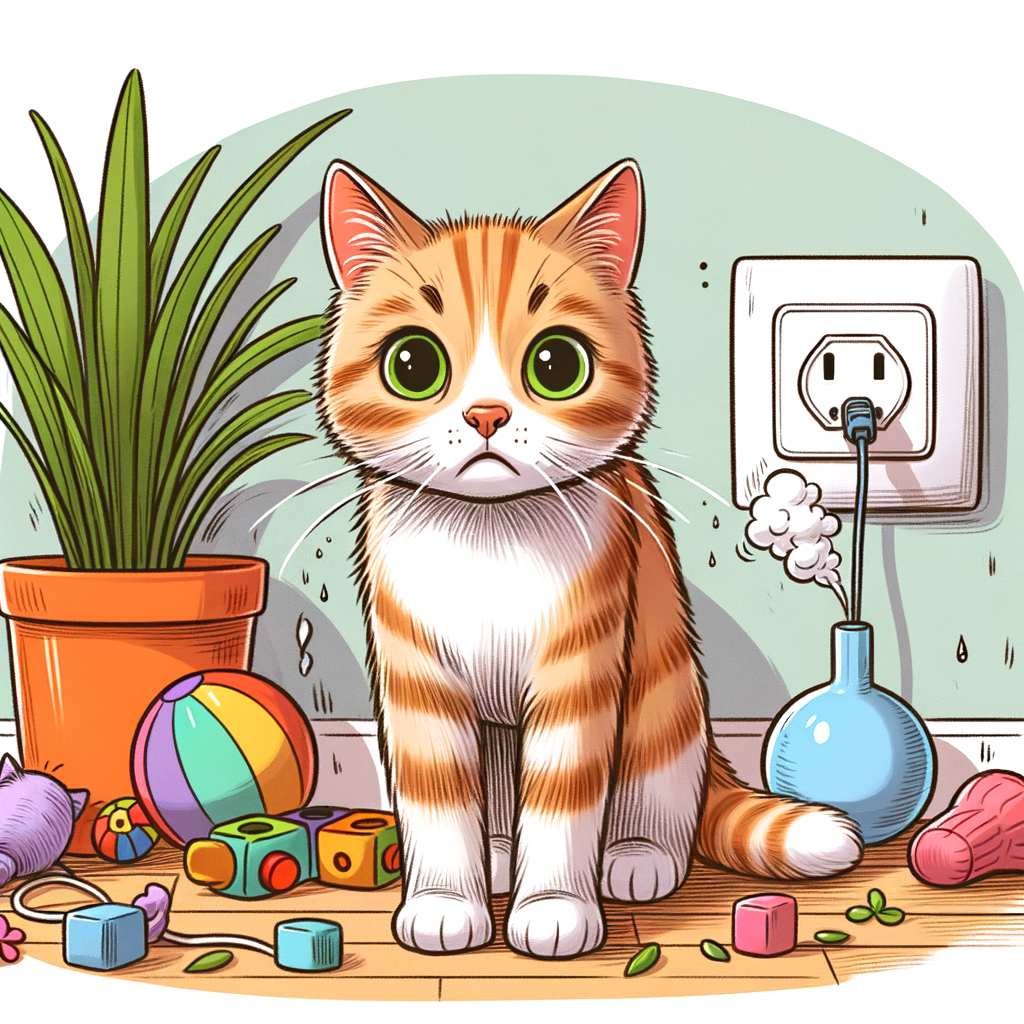 Anxious domestic cat displaying separation anxiety signs with scattered toys and a knocked over plant, suggesting cat behavior problems and the need for cat anxiety treatment like a calming diffuser, a potential solution for alleviating cat distress.