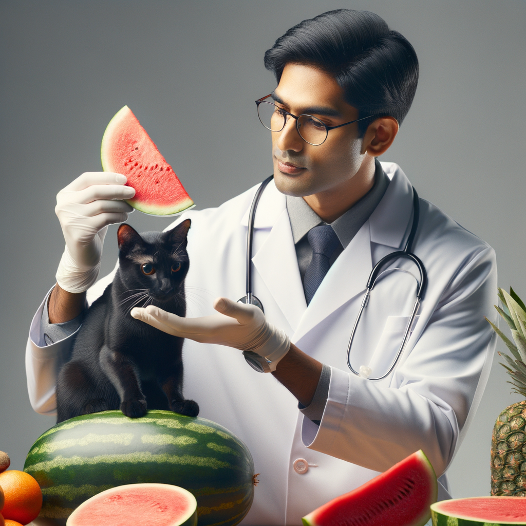 Veterinarian demonstrating feeding cats watermelon, a refreshing summer snack safe for cats, highlighting the benefits of watermelon for cat health