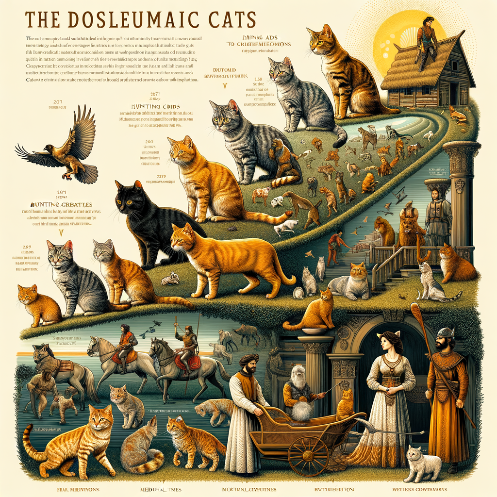 Infographic illustrating the evolution of domestic cats, highlighting key moments in cat domestication history, historical roles of cats, and the purpose of breeding cats for a comprehensive understanding of domestic cats origin and the history of cat breeding.
