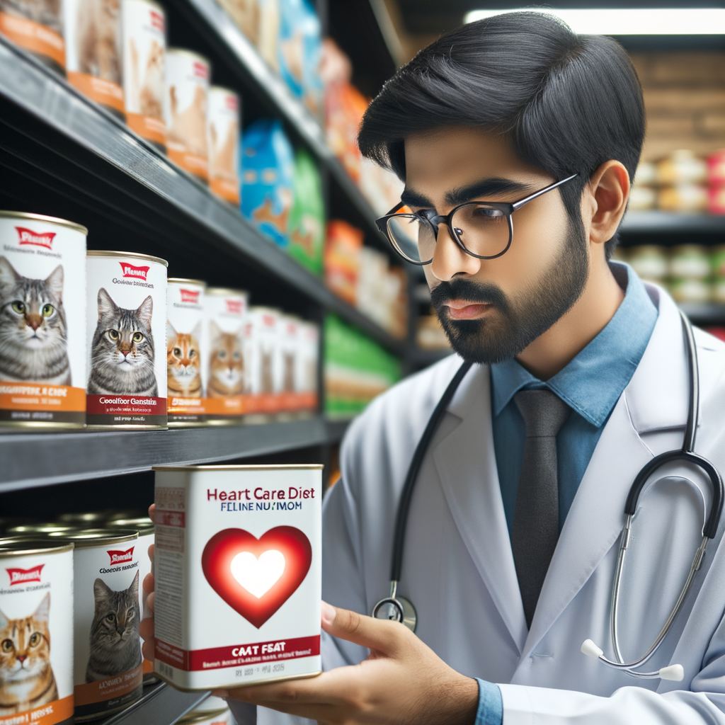 Veterinarian selecting heart care cat food for cardiovascular health from a shelf, with a healthy cat and a glowing heart symbol representing a heart healthy cat diet.