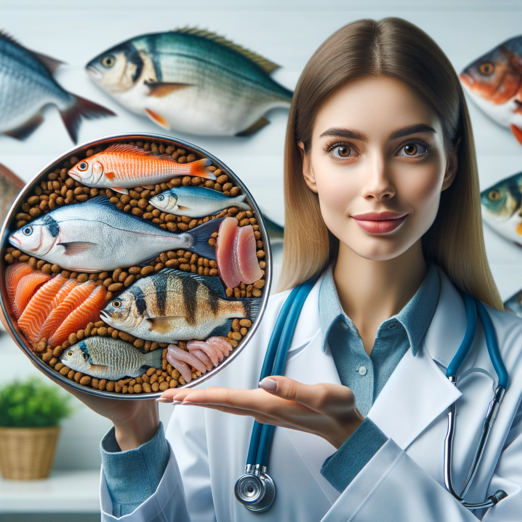Expert vet nutritionist discussing the best fish for cats, emphasizing the nutritional needs and benefits of a fish-based cat diet, with a detailed view of various fish types and healthy cat food ingredients.