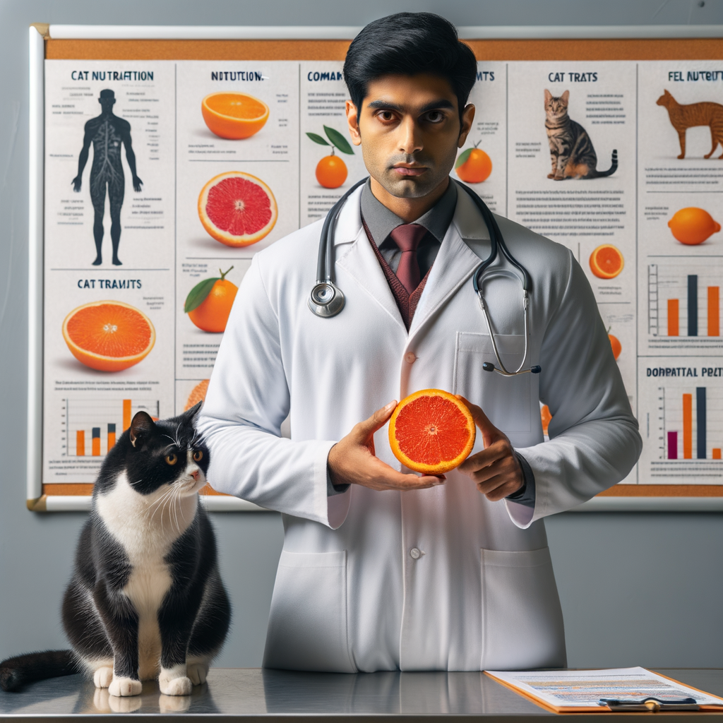 Veterinarian discussing benefits of citrus for cats, holding an orange and feline nutrition chart, with a cat sniffing the fruit, and infographics about cats and citrus in the background
