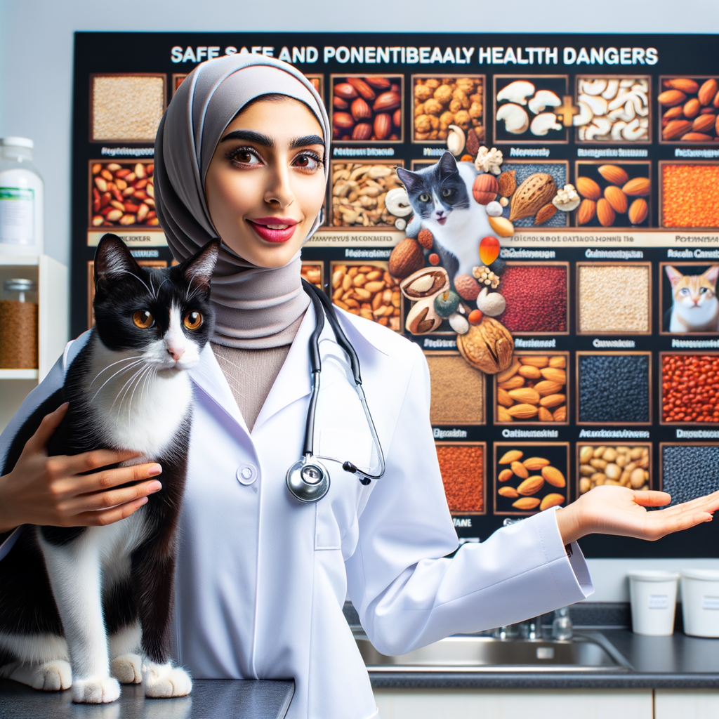 Veterinarian discussing nutritional benefits and risks of nuts and seeds for cat diet, with chart of safe and unsafe options, emphasizing on cat nutrition and health risks, while a healthy cat observes curiously.