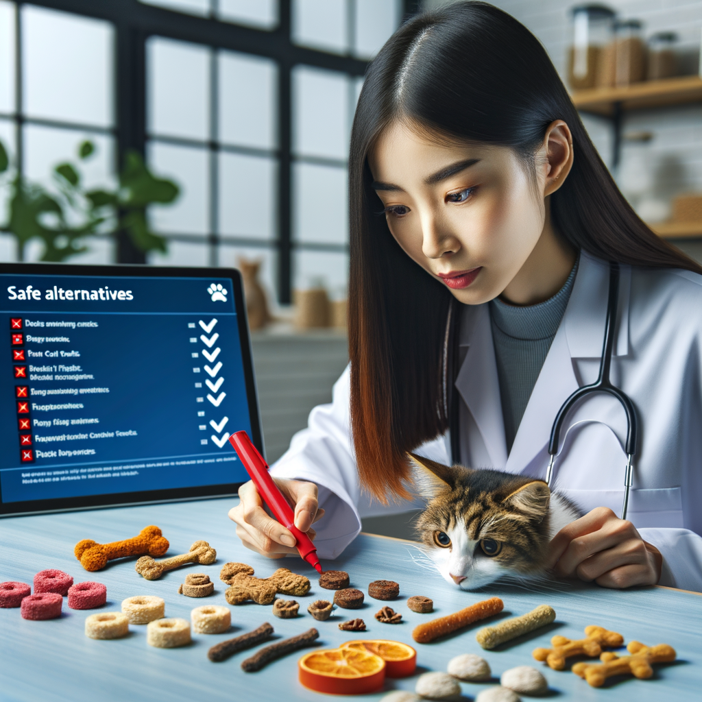 Veterinary expert identifying unsafe cat treats and highlighting cat treats health risks, with a digital screen displaying safe alternatives for cat treats in the background.