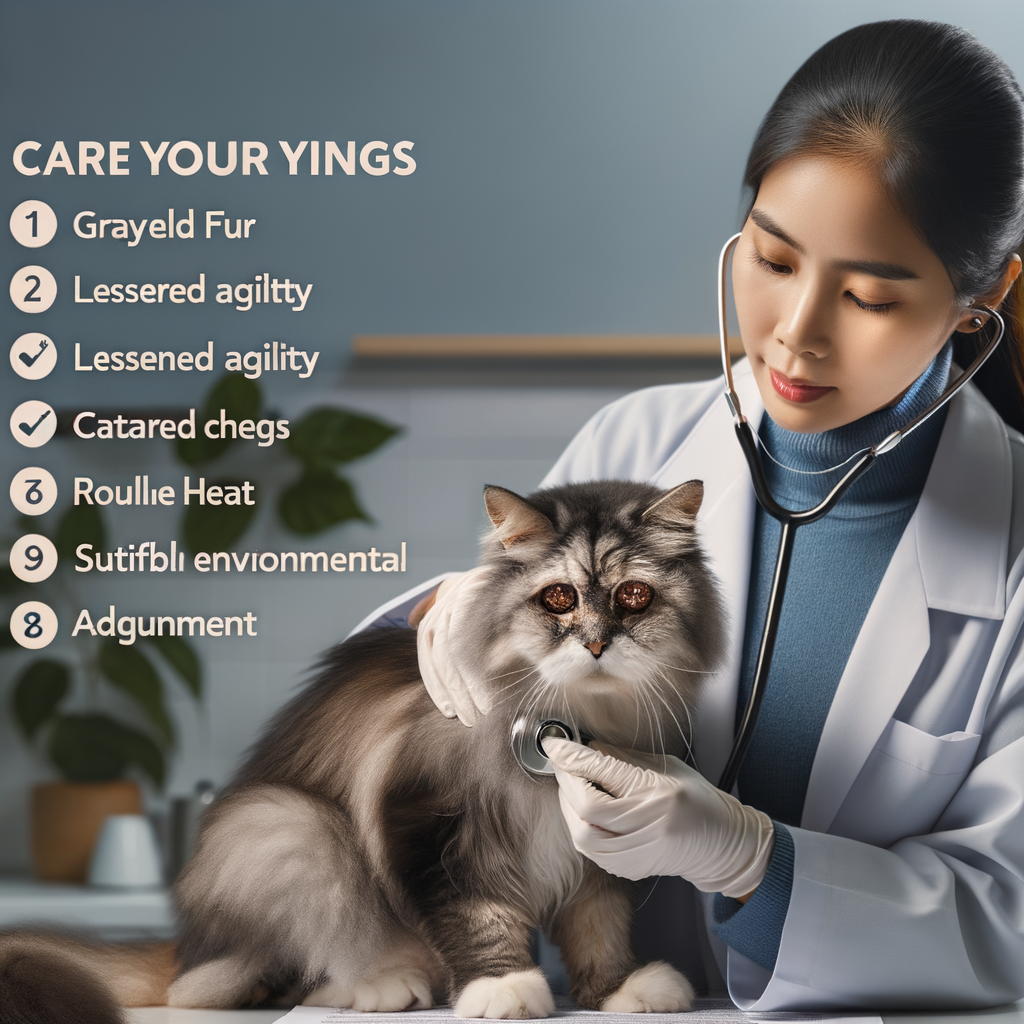 Veterinarian examining an elderly cat showing physical and mental signs of aging, highlighting senior cat health issues and aging cat symptoms, with a background featuring aging cat care tips for understanding the feline aging process.