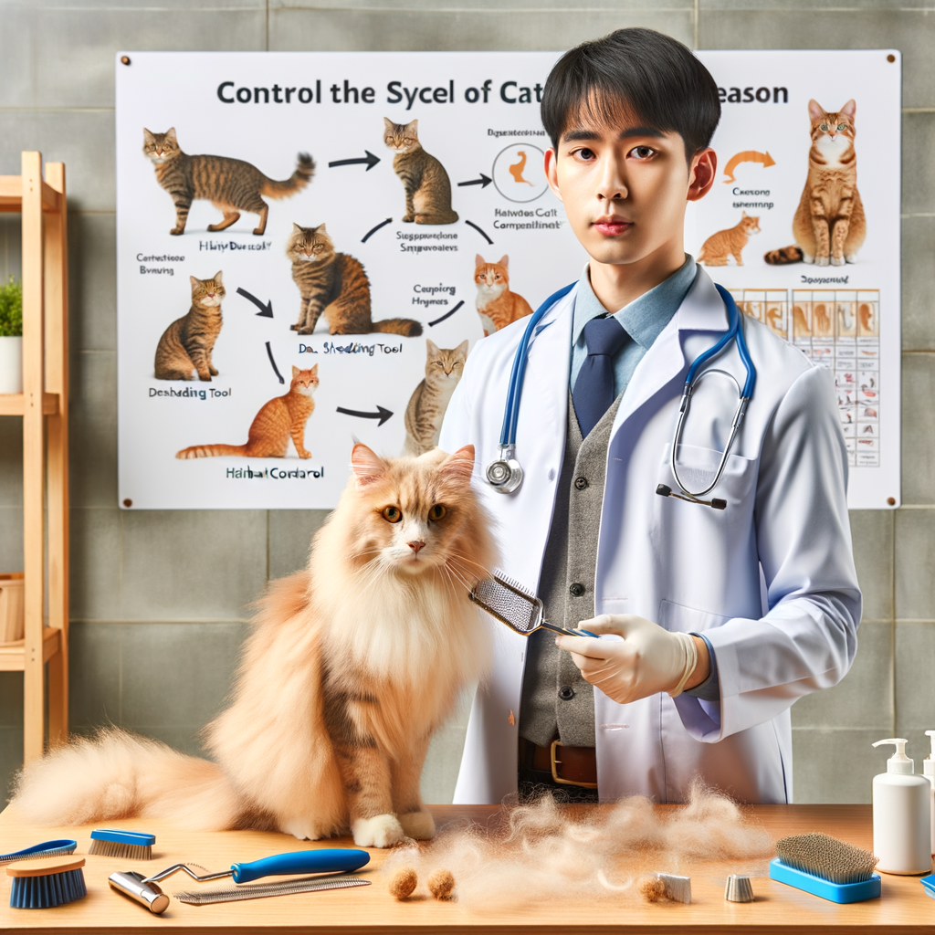 Veterinarian demonstrating feline fur management techniques on a fluffy cat during cat shedding season, with tools for controlling cat shedding and reducing cat fur fallout, including a chart for understanding cat shedding and a guide for cat fur care.