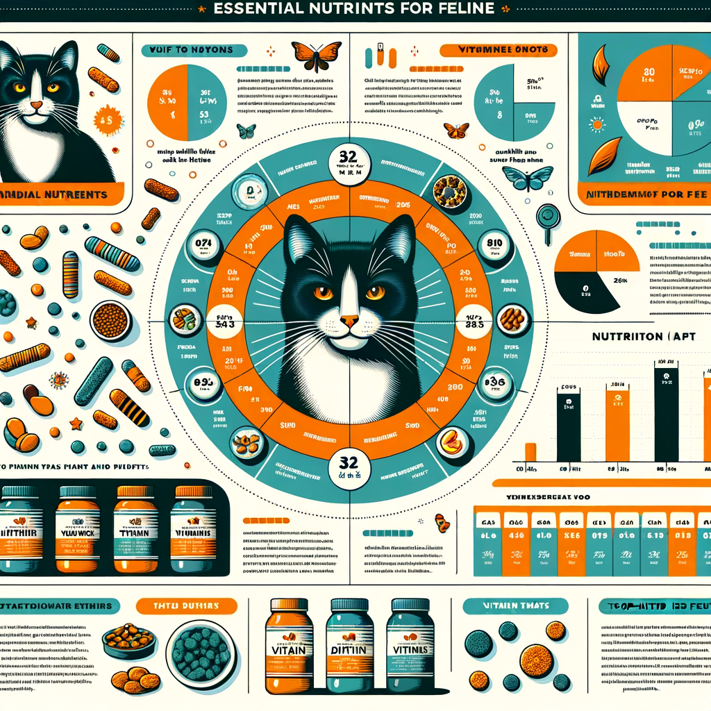 Infographic illustrating essential nutrients for cats, highlighting vitamins in cat food, and showcasing best nutrient-rich cat treats for optimal cat nutrition and vitamin intake.