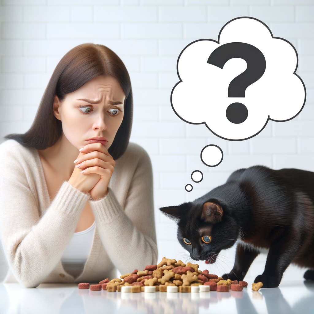 Concerned cat owner observing potential cat treats addiction, symbolizing treat temptations in cats, with a thought bubble indicating worry about the effects of overconsumption of cat treats and its health risks.