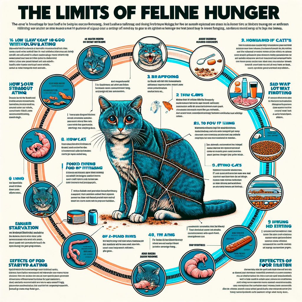 Infographic illustrating feline hunger limits, understanding cat's hunger, cat starvation period, and the effects of feline food deprivation, emphasizing cat's food necessity and duration cats can go without food.