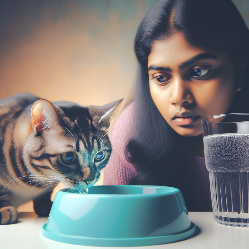 Concerned owner observing excessive cat thirst, highlighting the importance of understanding cat hydration, recognizing cat dehydration symptoms, and potential cat health issues like kidney disease and diabetes.