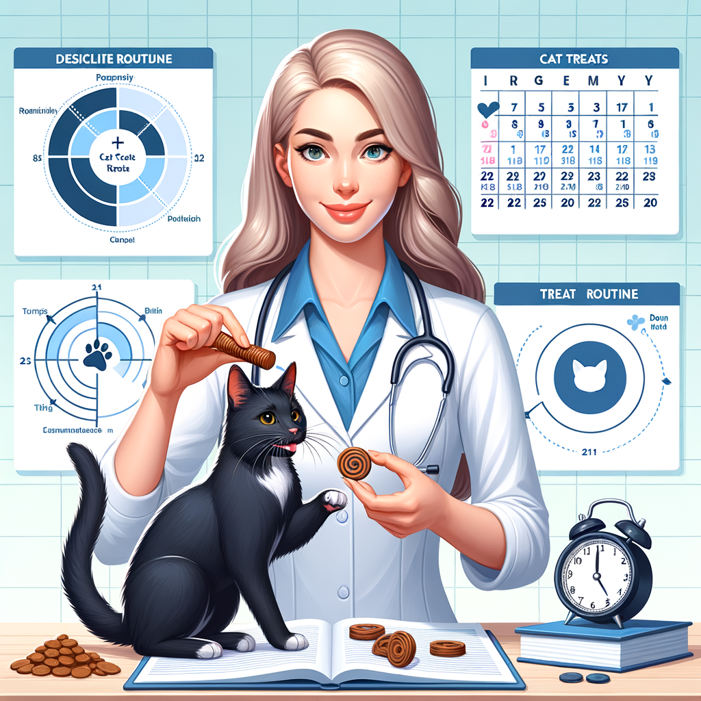 Veterinarian explaining cat treat guidelines and frequency, with a playful cat and marked calendar illustrating the establishment of a healthy cat treat routine and regimen.