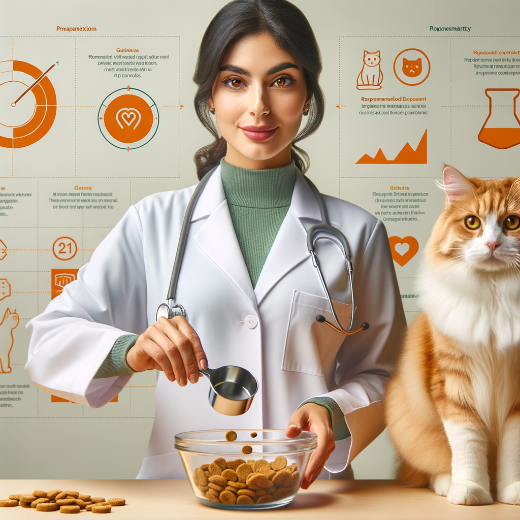 Veterinarian demonstrating the right balance of daily cat treats per day with infographic on cat treat guidelines, portion control, and nutrition balance, while a healthy cat eagerly awaits its treat, illustrating proper cat treat consumption and management.