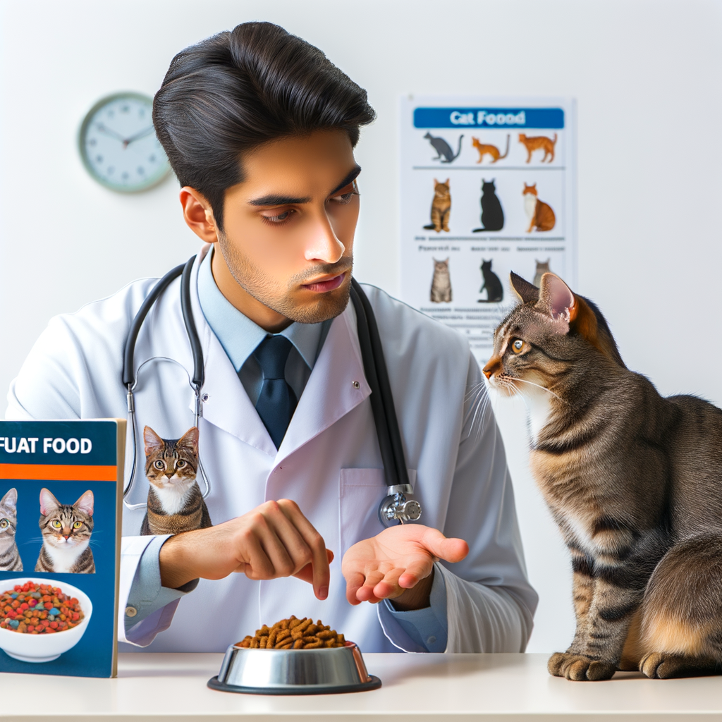 Veterinarian analyzing cat food preferences and interpreting feline food cues, with a guidebook on feline nutrition and checklist of cat's food rejection signs, highlighting the importance of understanding cat behavior and reading cat's food signals to determine if a cat dislikes its food.