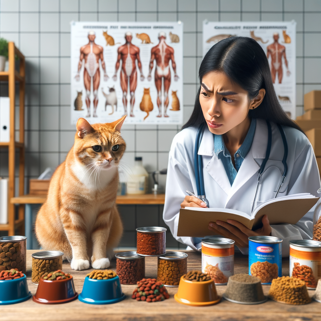 Veterinarian analyzing cat food options with a fussy cat, demonstrating the process of understanding cat food preferences, recognizing picky eating habits in cats, and providing picky eater cat solutions, with a guidebook on cat nutrition and preferences.