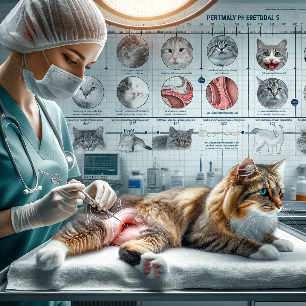 Veterinarian performing cat neutering procedure in clinic, with a timeline chart indicating best time to neuter cats, list of neutering considerations, benefits of cat neutering, and image of a cat in recovery, emphasizing cat health and neutering.