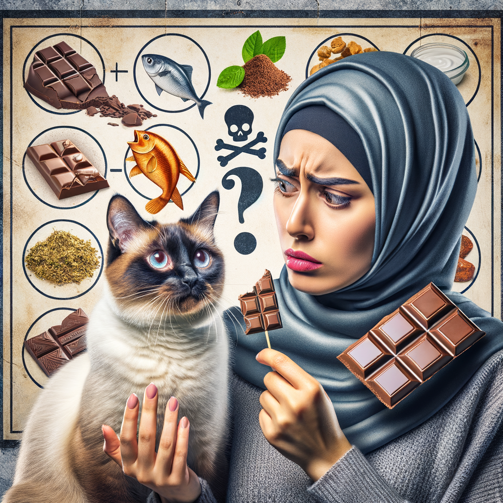 Concerned cat owner preventing curious cat from eating chocolate, illustrating the dangers of chocolate toxicity in cats and the conundrum of cats and chocolate, with a background list of safe treats for cats.
