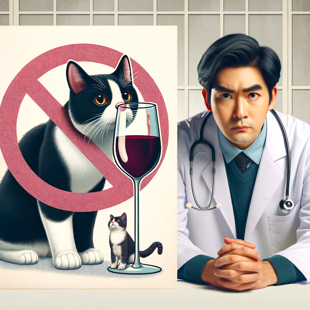 Curious cat sniffing wine glass with 'No' symbol, vet holding 'Is Wine Safe for Cats?' placard, illustrating the truth about feline wine consumption and effects of wine on cat health.