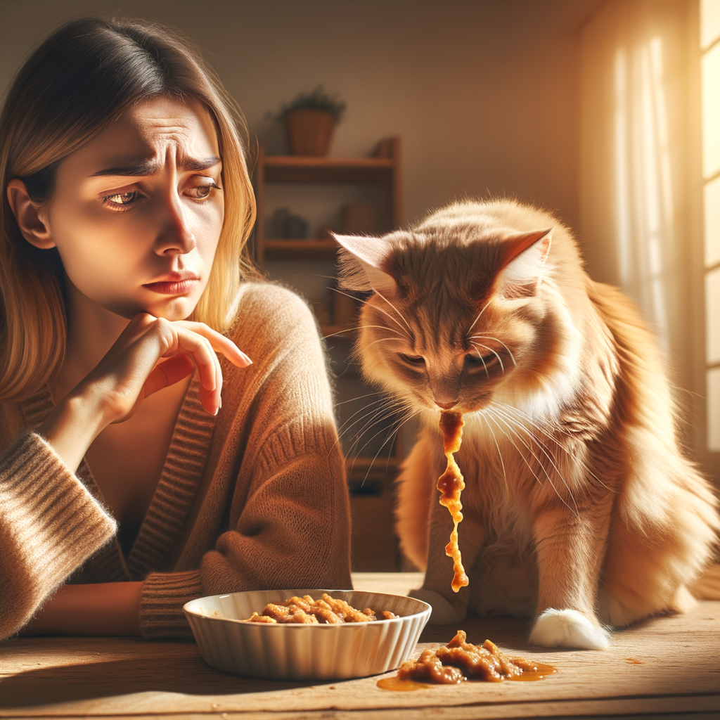 Pet owner worriedly observing her cat vomiting after eating, highlighting the importance of understanding cat health issues like digestive problems and the causes of post-meal cat vomiting.
