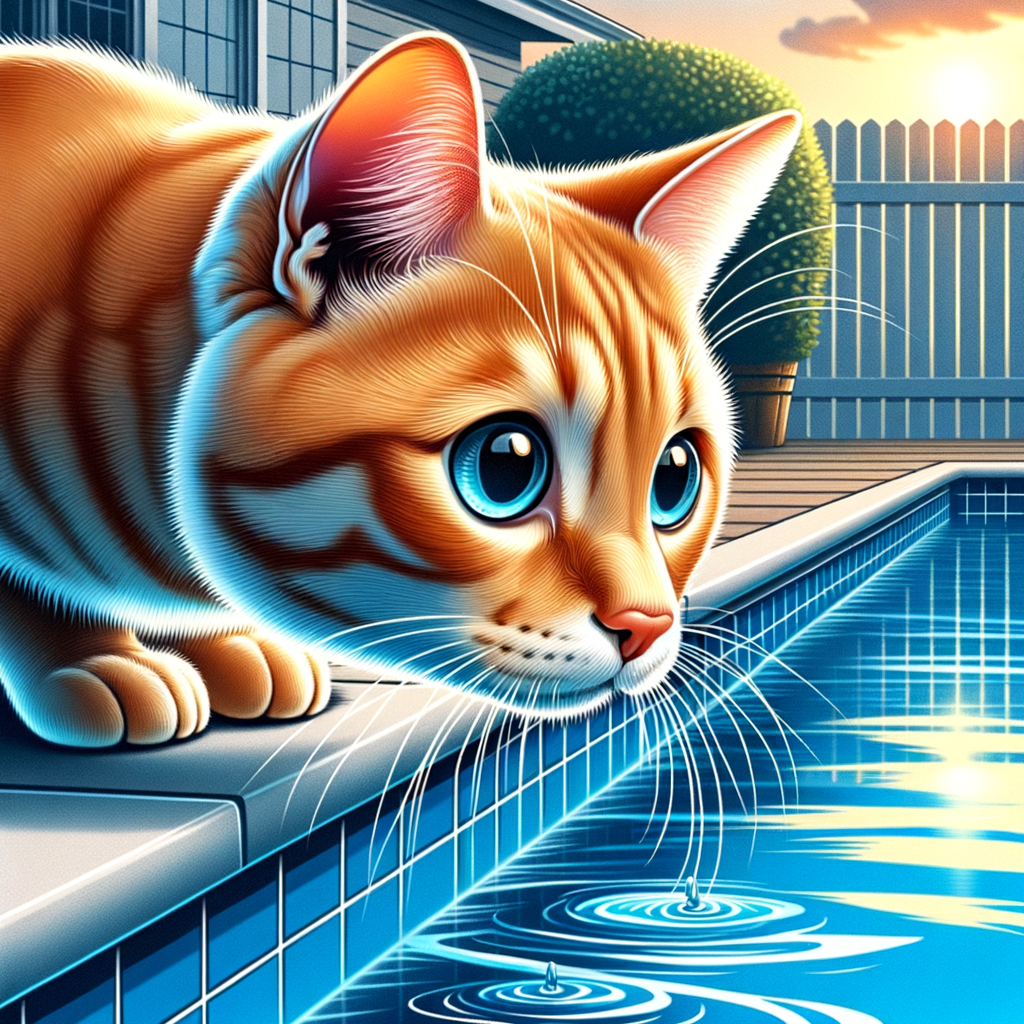 Aquatic Kitty illustration showing a curious cat exploring a pool, dispelling cat swimming myths and demonstrating feline swimming abilities