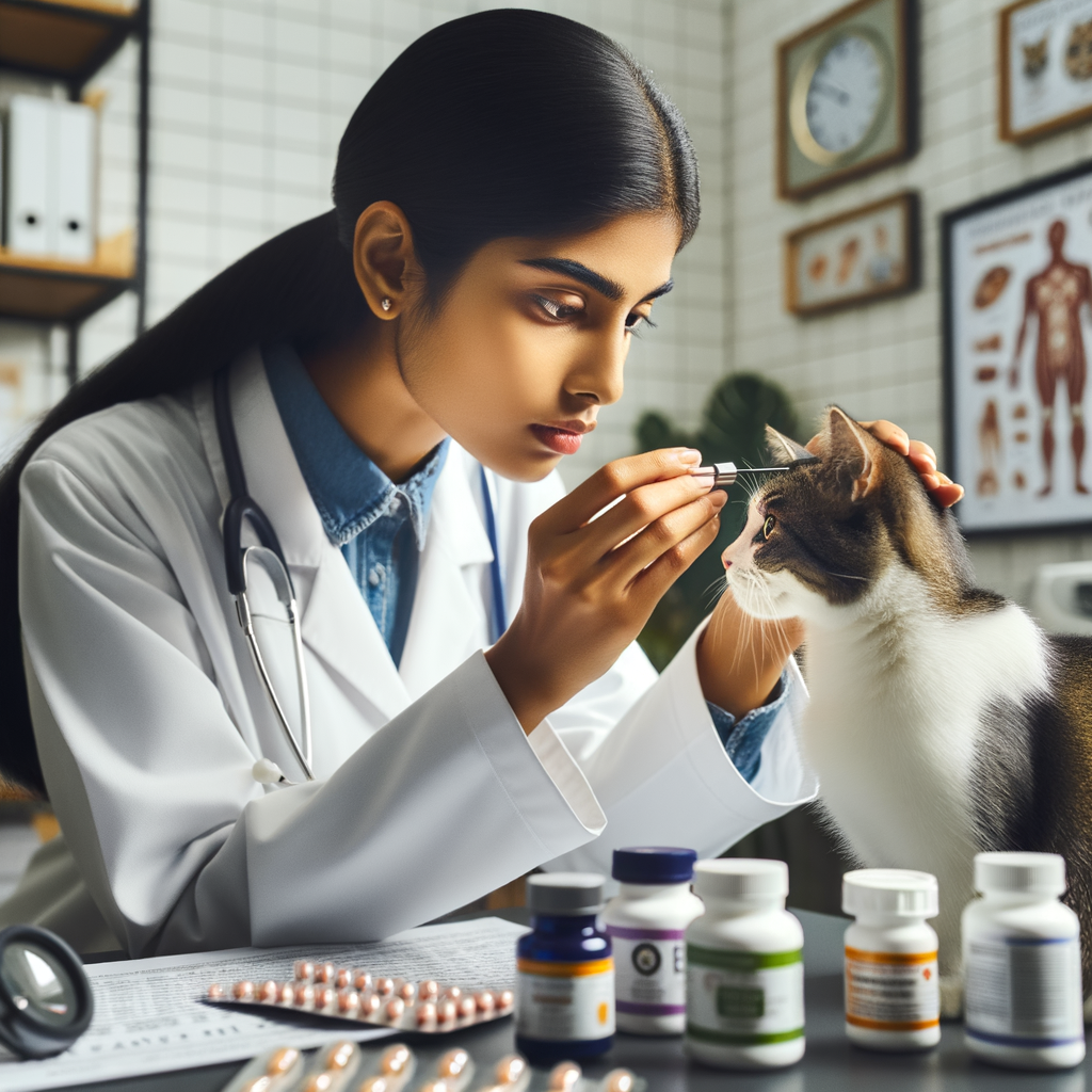 Veterinarian examining cat's eyes, showcasing the importance of feline eye care and cat vision health with essential vitamins for cats and cat eye health supplements on display