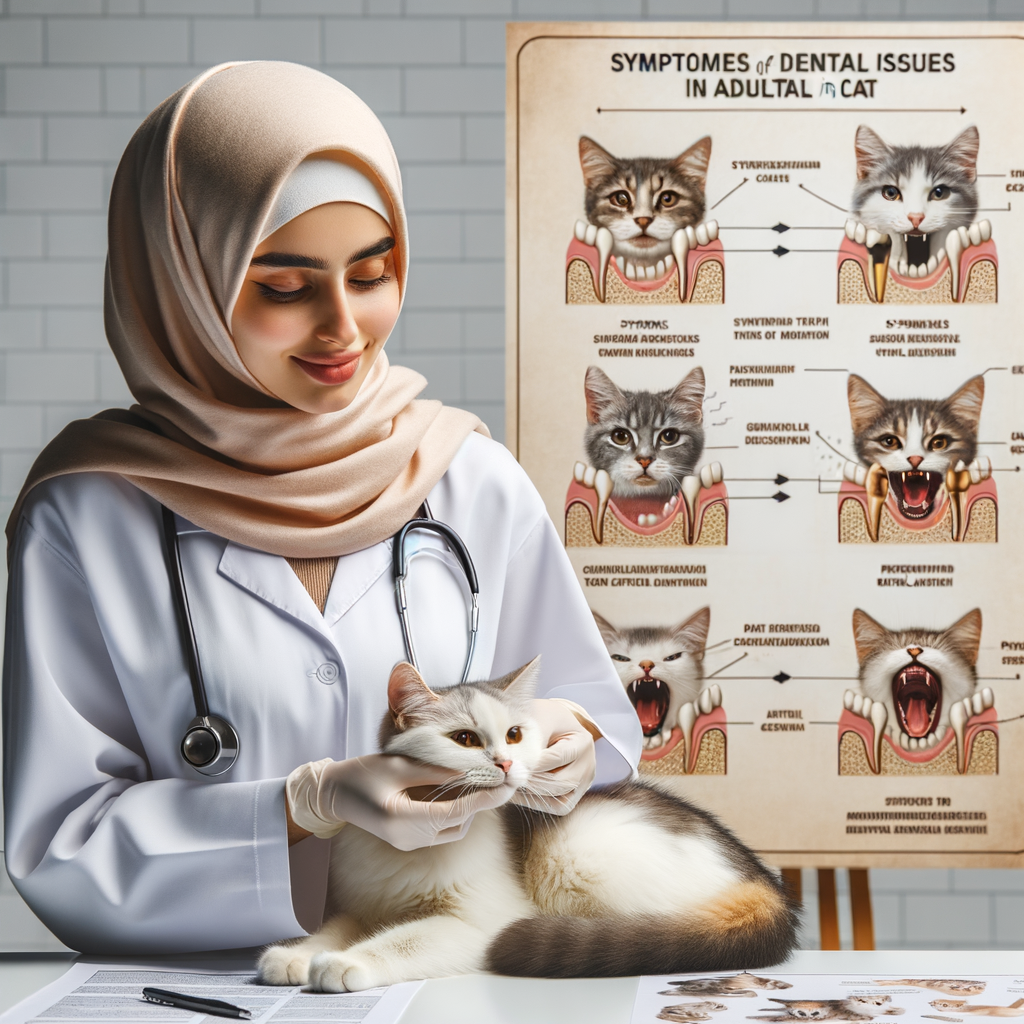 Veterinarian examining cat's teeth, demonstrating feline tooth loss stages, with a background chart on cat dental health, signs of tooth loss, tooth extraction, and dental care tips, highlighting understanding of cat teeth changes from kitten to adult.
