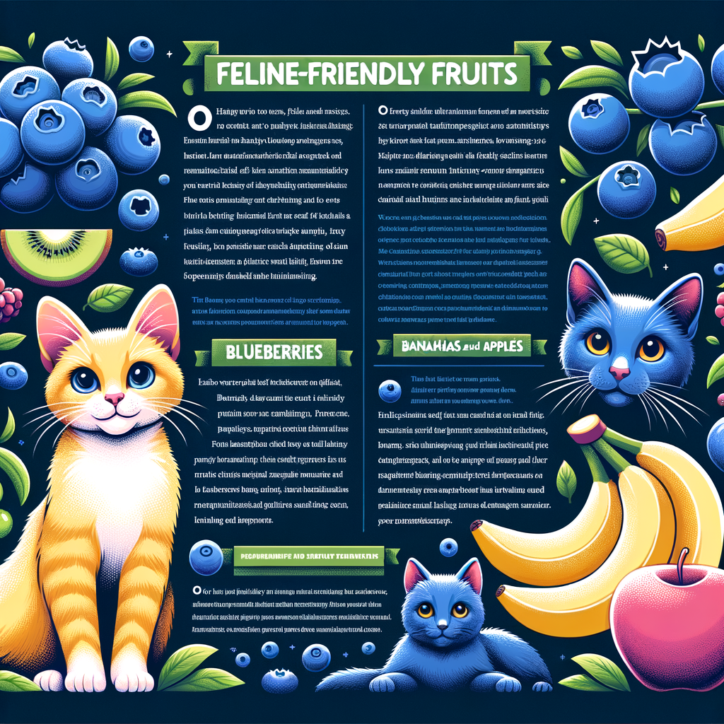 Infographic of cats exploring safe and healthy fruit options like blueberries, bananas, and apples, emphasizing on cat-friendly fruits and their benefits in a cat's diet.