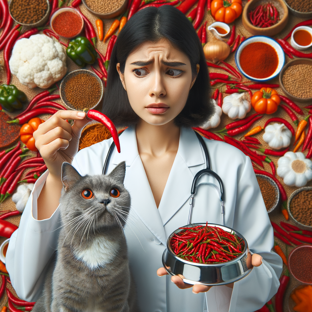 Concerned veterinarian holding chili pepper and cat food, questioning 'Can cats eat spicy food' and the effects of spicy food on cat health, with curious cat and spicy foods in the background.