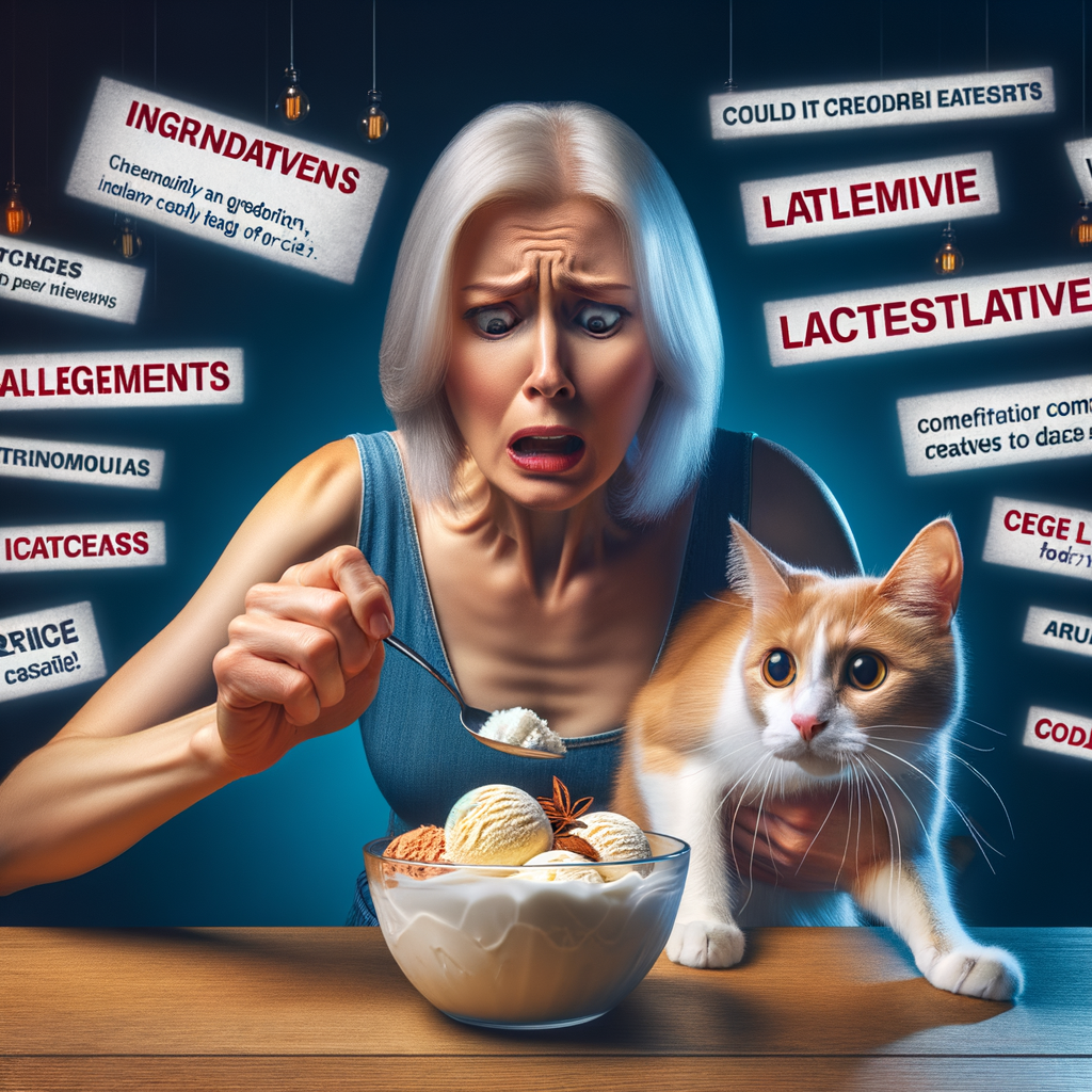 Concerned cat owner preventing cat from eating ice cream, highlighting harmful ice cream ingredients and safe frozen treats alternatives for cats, emphasizing on pet food safety and feline lactose intolerance for an article on 'Can Cats Eat Ice Cream?