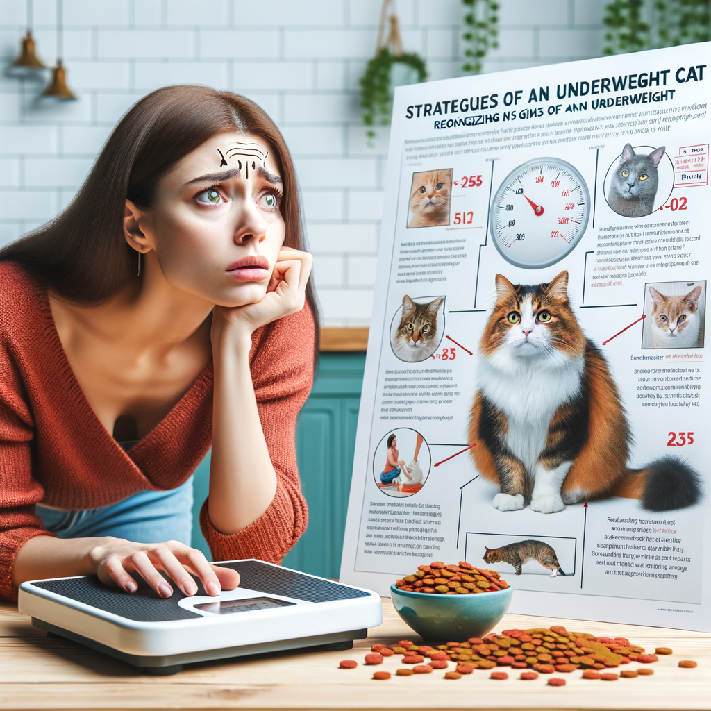 Pet owner monitoring cat health, checking underweight cat symptoms using a digital scale, with a feline health care infographic, a booklet on how to help underweight cat, and a bowl of cat diet for weight gain in view.