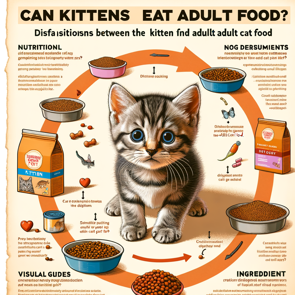 Infographic illustrating the transition period for kittens eating adult cat food, showcasing the comparison between kitten and adult cat food, and guiding pet owners in navigating the kitten diet transition.