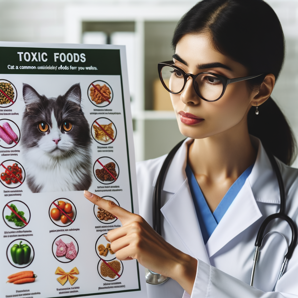 Vet explaining cat dietary restrictions using a chart of harmful foods for cats, emphasizing the importance of cat nutrition, unhealthy cat treats, and toxic foods impacting cat health.