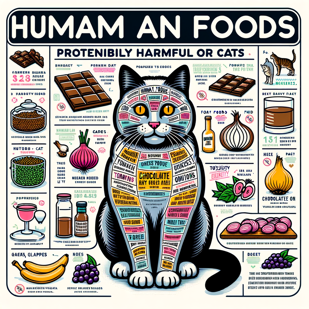 Infographic guide highlighting toxic foods for cats including dangerous human foods like chocolate, onions, and grapes, emphasizing the risks and toxicity levels for cat safety.