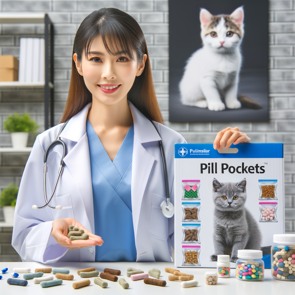 Veterinarian demonstrating the use of pill pockets for cats, showcasing a variety of cat pill delivery treats and medication treats for cats, highlighting the concept of making medication manageable for cats