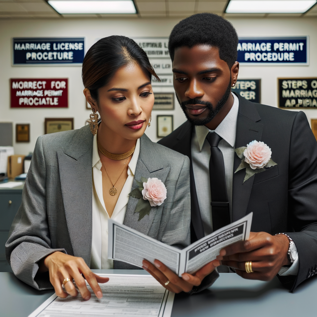 Professional couple in a government office reviewing a Marriage Permit Guide, understanding the proper Marriage Permit Process, and filling out a Marriage Permit Application as part of the legal procedure for marriage.