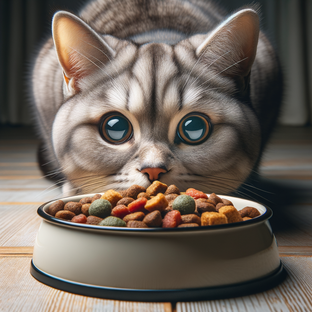 Curious cat skeptically sniffing monotonous diet, illustrating the impact of same food on cats and the importance of cat food variety and nutrition in cats eating habits.