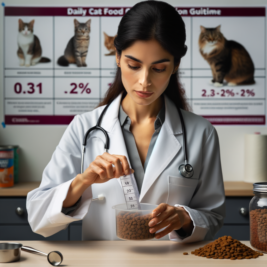 Veterinarian demonstrating cat food portion control, measuring dry cat food serving size according to daily cat food intake and cat nutrition guidelines chart for optimal cat feeding.