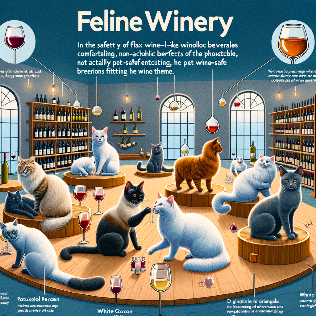 Infographic of a Feline Winery with cats drinking safe wine, highlighting the effects of wine consumption in cats and the potential of pet-safe wines in a cat-friendly winery setting.