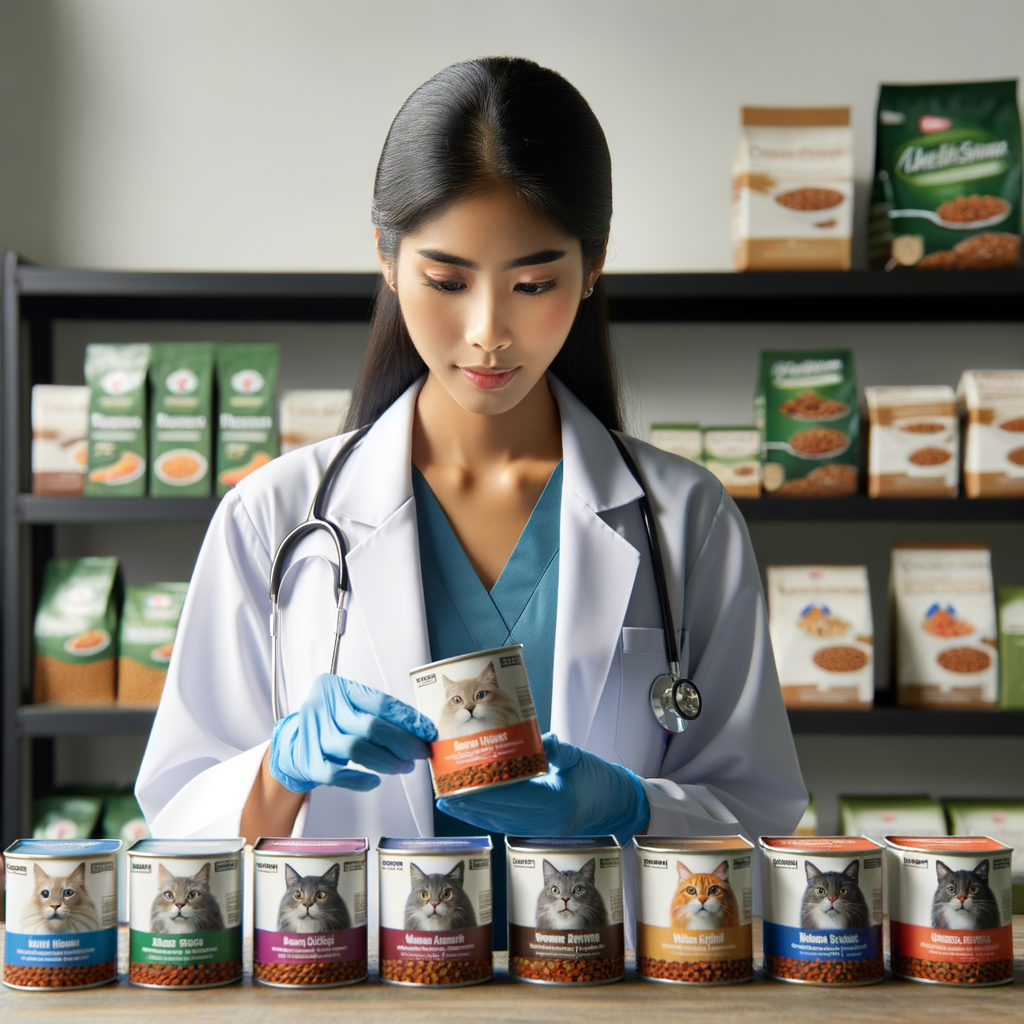 Veterinarian selecting best food for injured cat's recovery diet, highlighting the importance of nutritional needs and healing nourishment for cat injury recovery