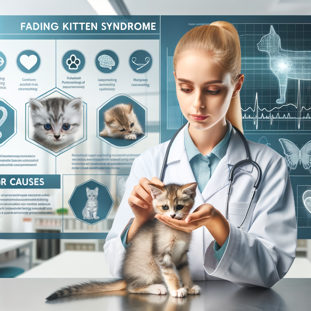 Veterinarian examining a kitten with Fading Kitten Syndrome symptoms in a clinic, with charts illustrating causes and treatment options, and a sidebar on critical care for preventing and treating this kitten health issue.