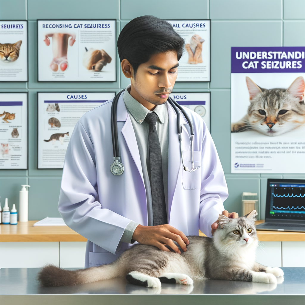 Veterinarian examining a cat for seizure symptoms in a clinic, with infographics about identifying cat seizure triggers and a booklet on understanding cat seizures for prevention and treatment.