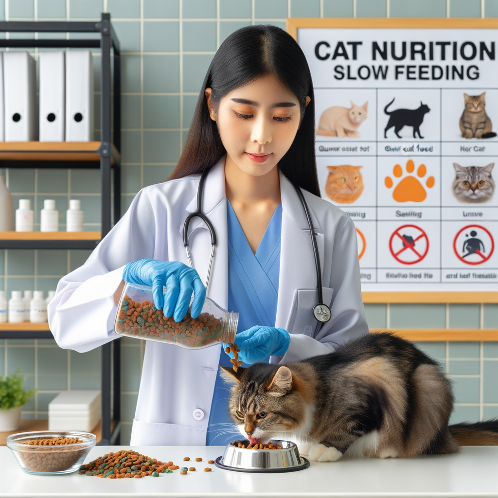 Veterinarian demonstrating cat feeding tips with gourmet cat food in a slow feeding dish to curb fast eating habits, with a cat nutrition chart and health issues related to overeating in the background.