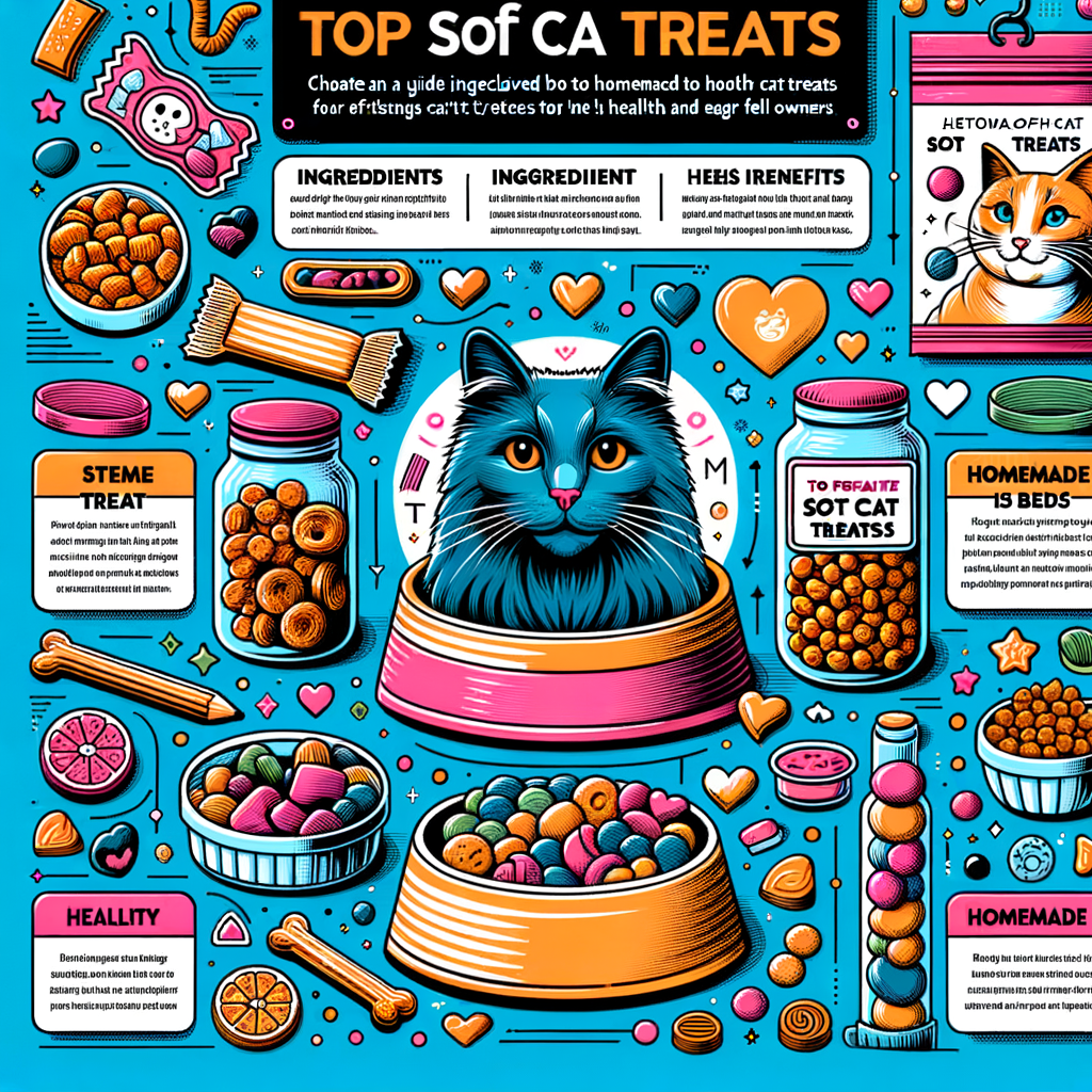 Infographic illustrating best soft cat treats, their ingredients, benefits for cat nutrition, homemade soft cat treat recipes, and guide on healthy cat treat selection.