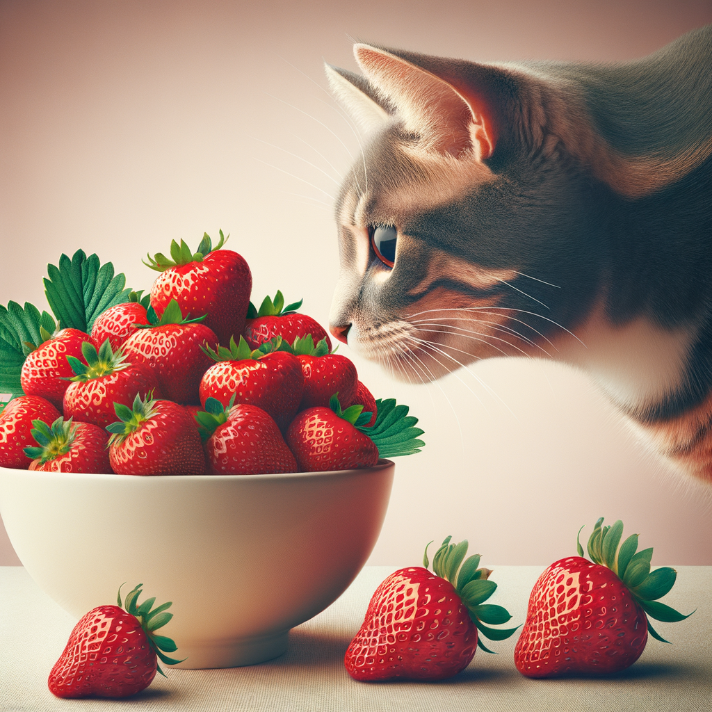 Domestic cat sniffing strawberries, illustrating safe fruits for cats and the possibility of incorporating strawberries in a cat's diet
