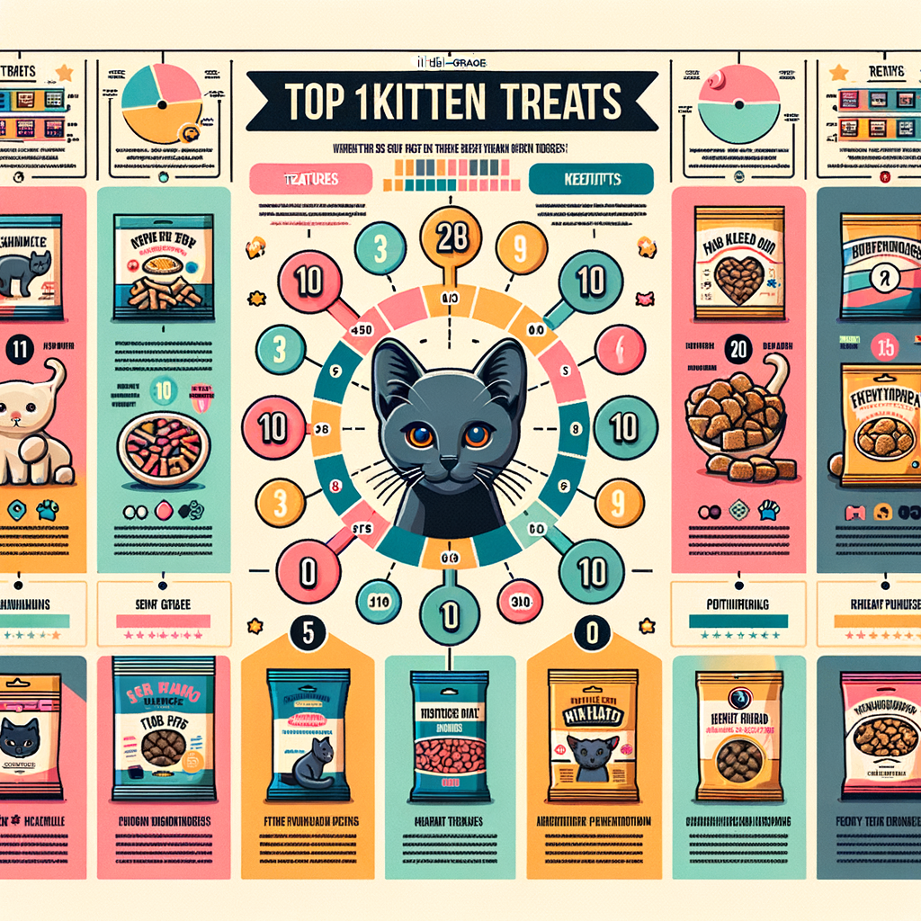 Infographic comparing top 10 high-quality kitten treats for the best cat treats review, highlighting health benefits and customer ratings for a comprehensive kitten treats buying guide.