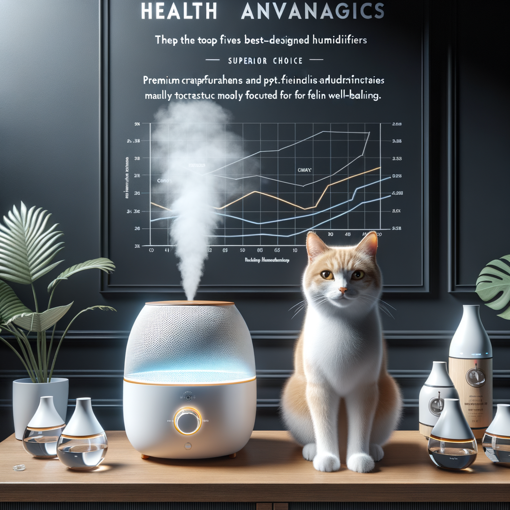 Top five best humidifiers for cats, showcasing pet-friendly features and high-quality design for feline comfort and wellness, emphasizing the health benefits of these top picks humidifiers for cat health.