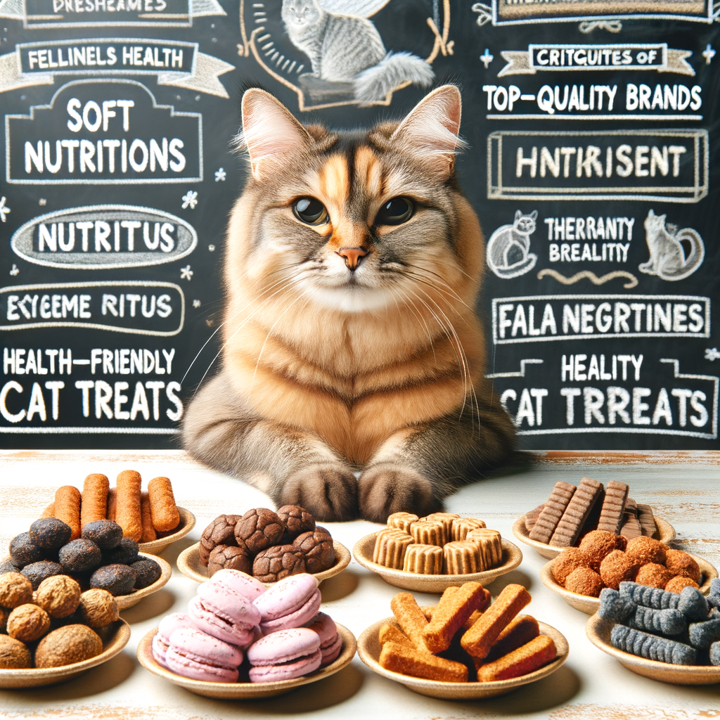 Healthy feline enjoying the best soft cat treats from high-quality, nutritious brands on a table, with a chalkboard in the background featuring feline health and nutrition tips, cat treats reviews, and healthy cat treat recommendations.