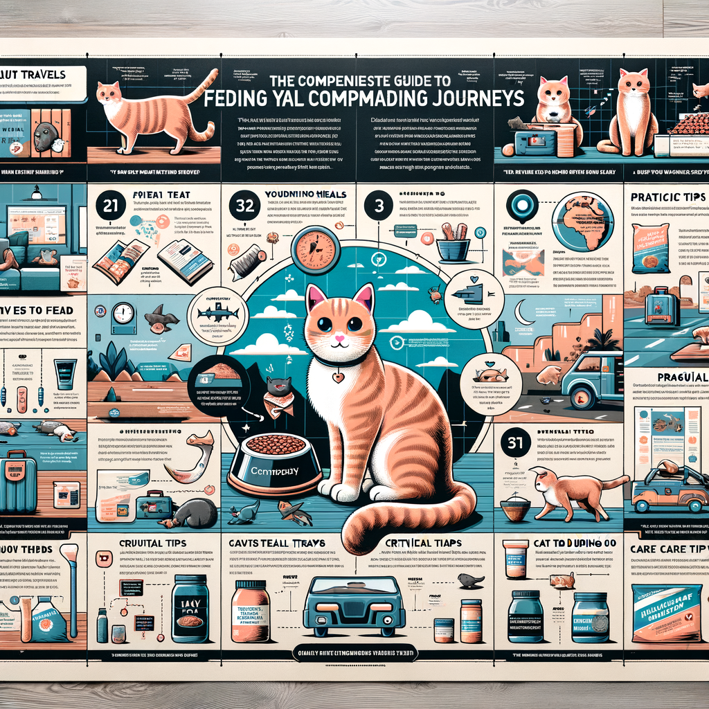 Infographic illustrating the ultimate cat feeding guide for traveling, featuring travel-friendly cat food options and essential cat care tips during travel.